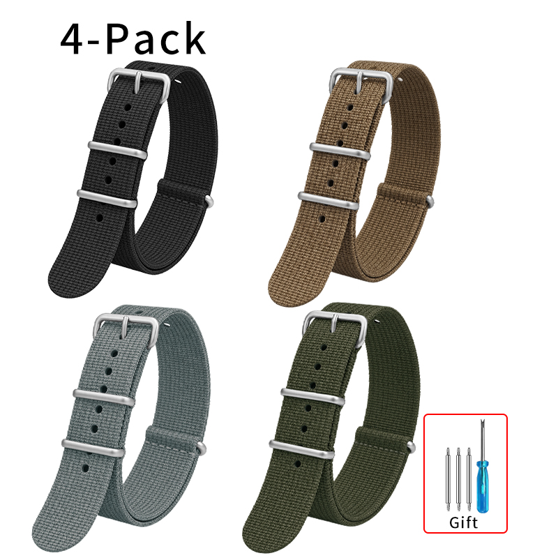 Nato Strap Nylon - セイコー、スウォッチのミリタリー・バリスティック・ファブリック・ナイロン製時計バンドに最適な、高品質なリブ編みのナイトロープ。18mm、20mm、22mmの3サイズ、4本セット。